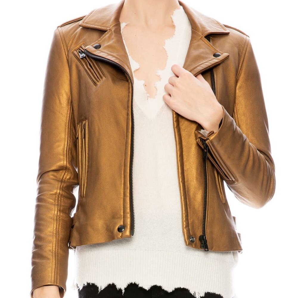 IRO NEWHAN METALLIC LEATHER BIKER JACKET GOLD NWT